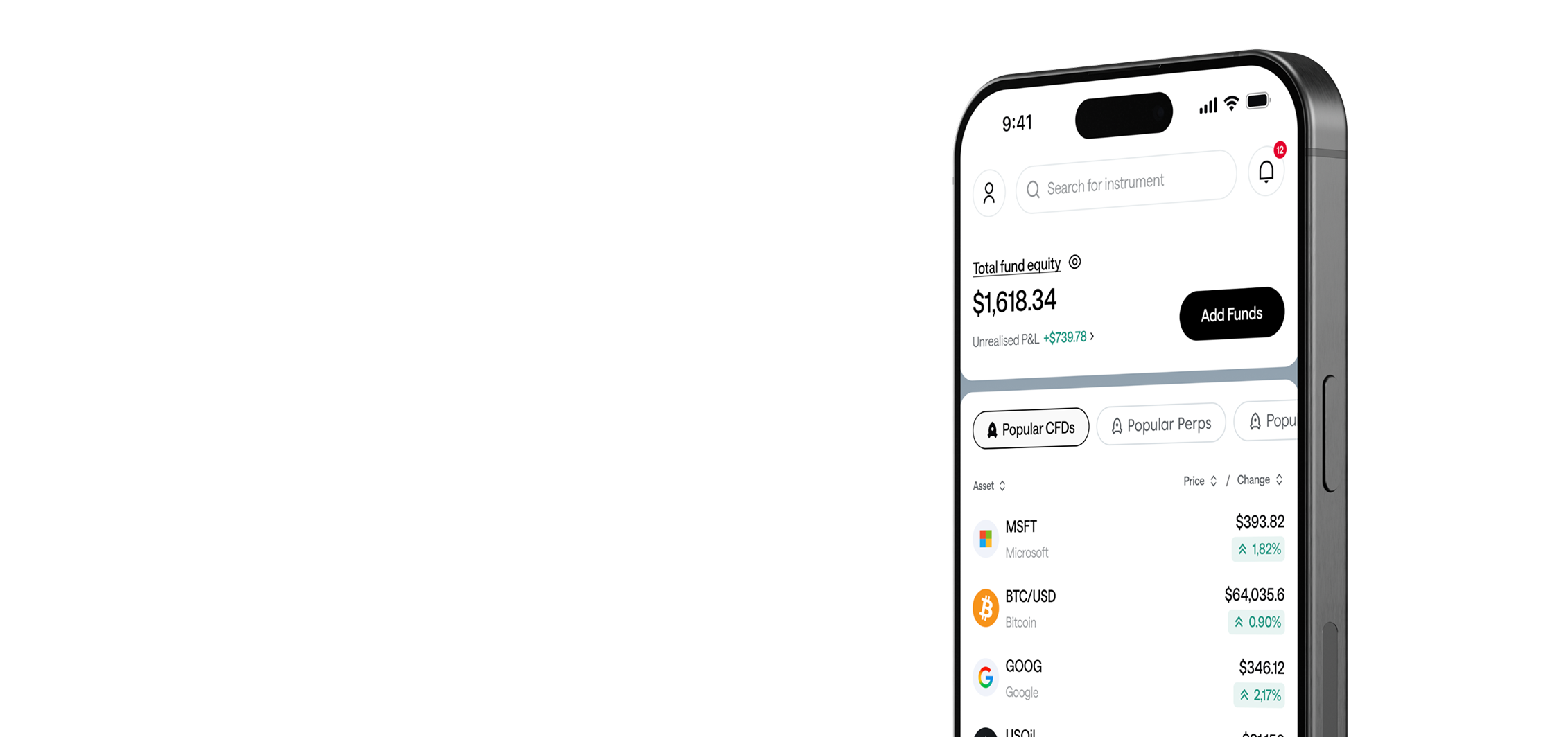 Angled view of a phone showing total fund balance, unrealised profit and loss, an account verification prompt, and a Top CFDs watchlist