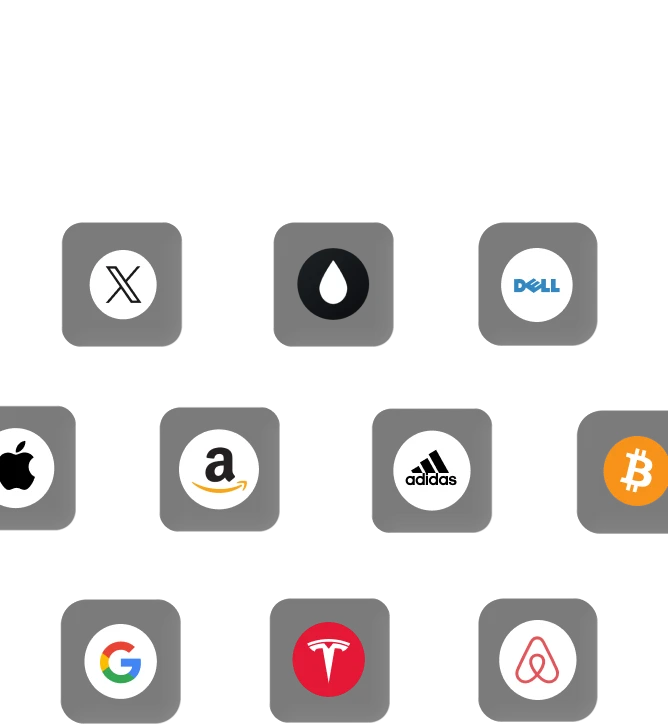 company logos including Amazon, Apple, Bitcoin, X, Tesla