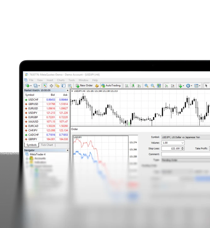 MetaTrader 4 demo trading platform on laptop showing a USD/JPY H1 candlestick chart