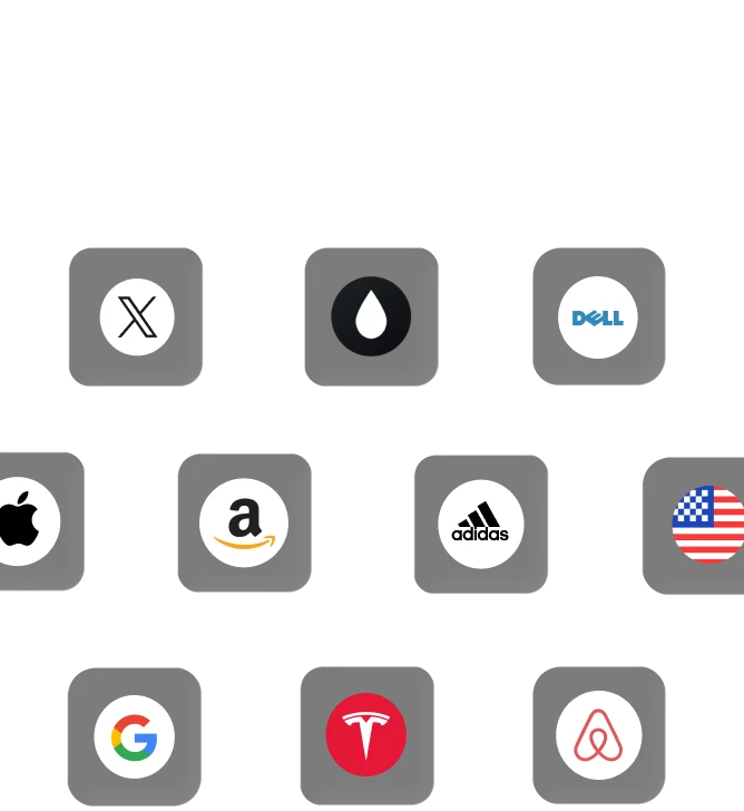 company logos, including Apple, Amazon, Tesla, Adidas, Bitcoin