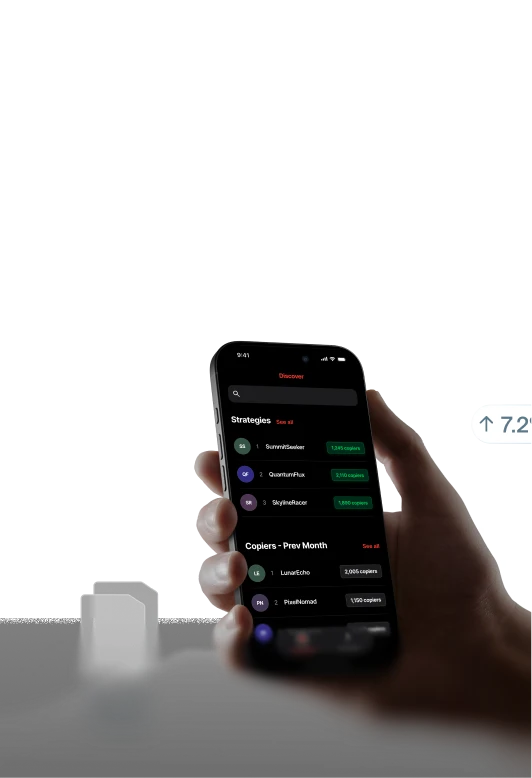 hand holding a phone showing the Axi Copy Trading app