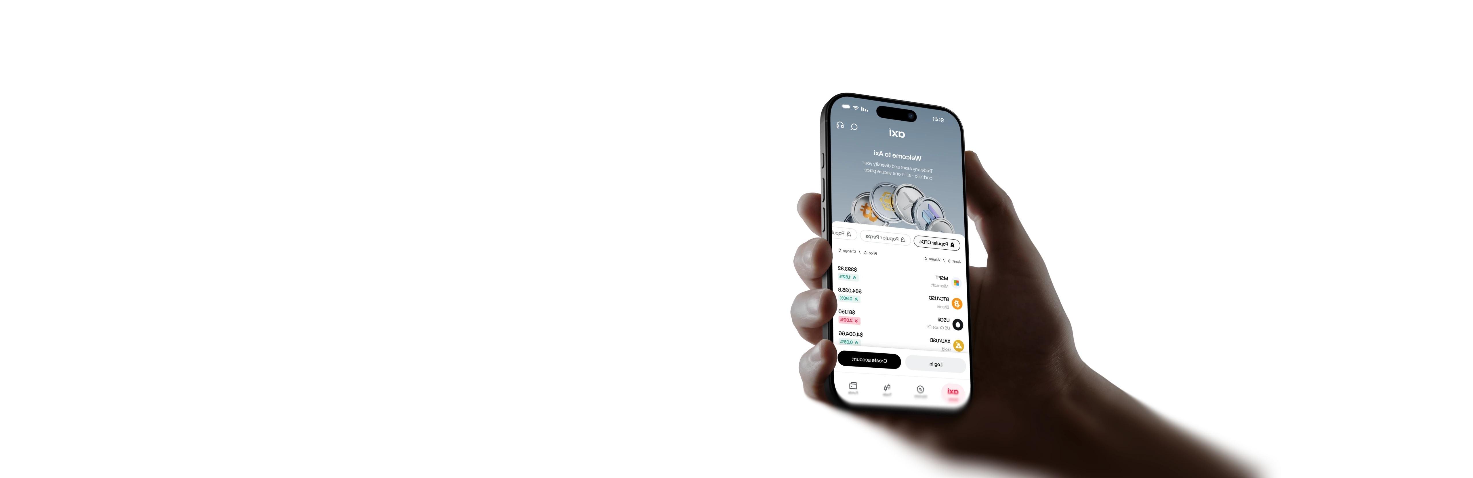 Hand holding a phone showing the Axi app welcome screen