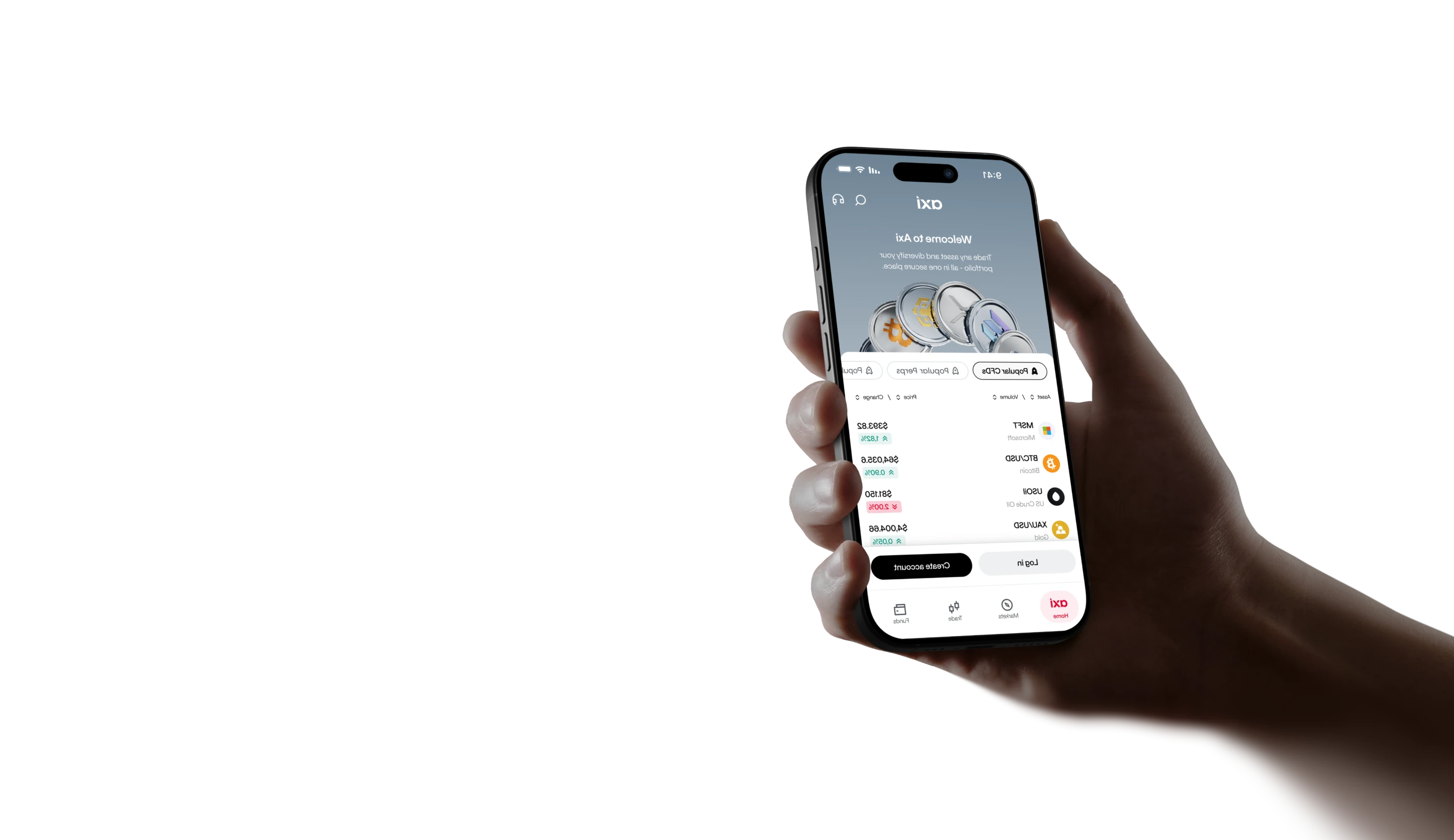 Hand holding a phone showing the Axi app welcome screen