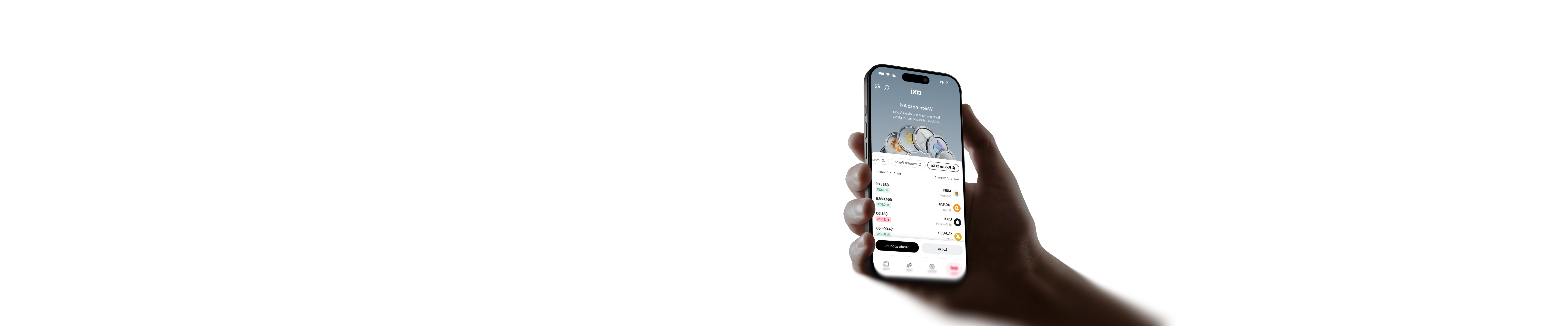 Hand holding a phone showing the Axi app welcome screen