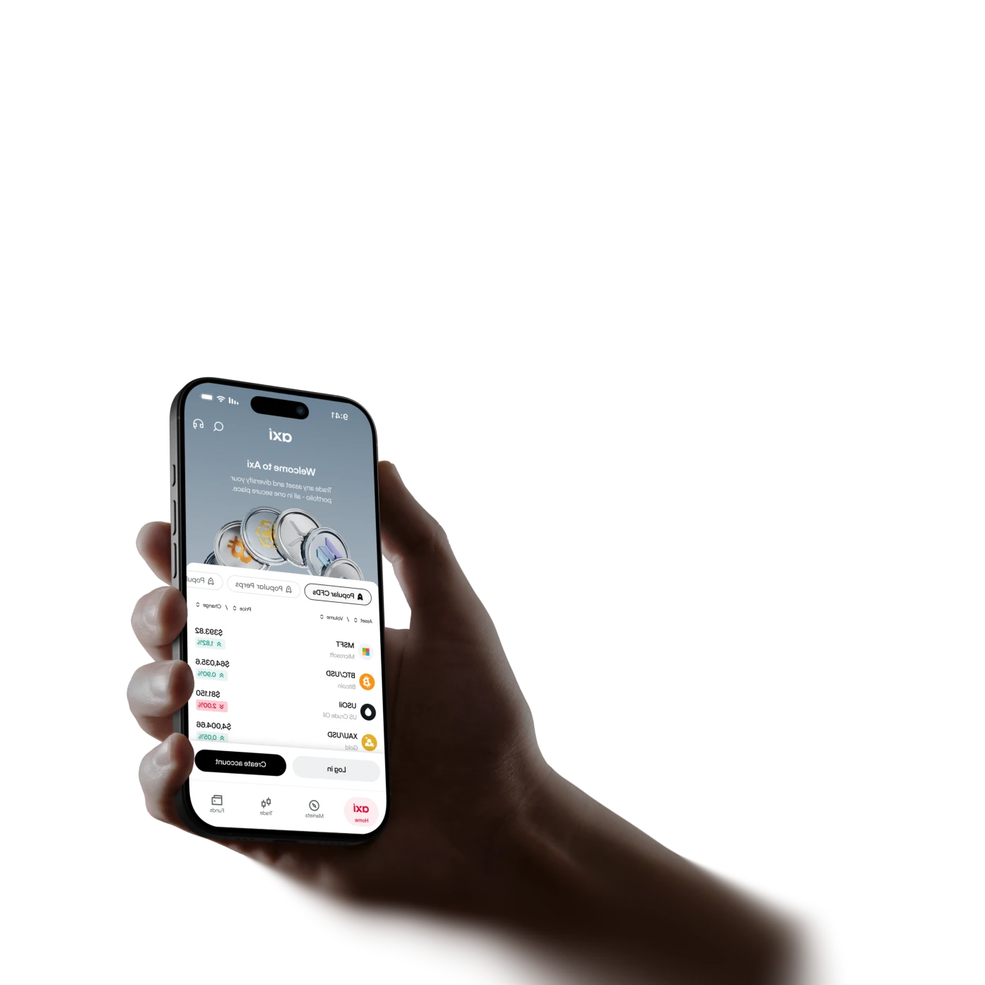 Hand holding a phone showing the Axi app welcome screen