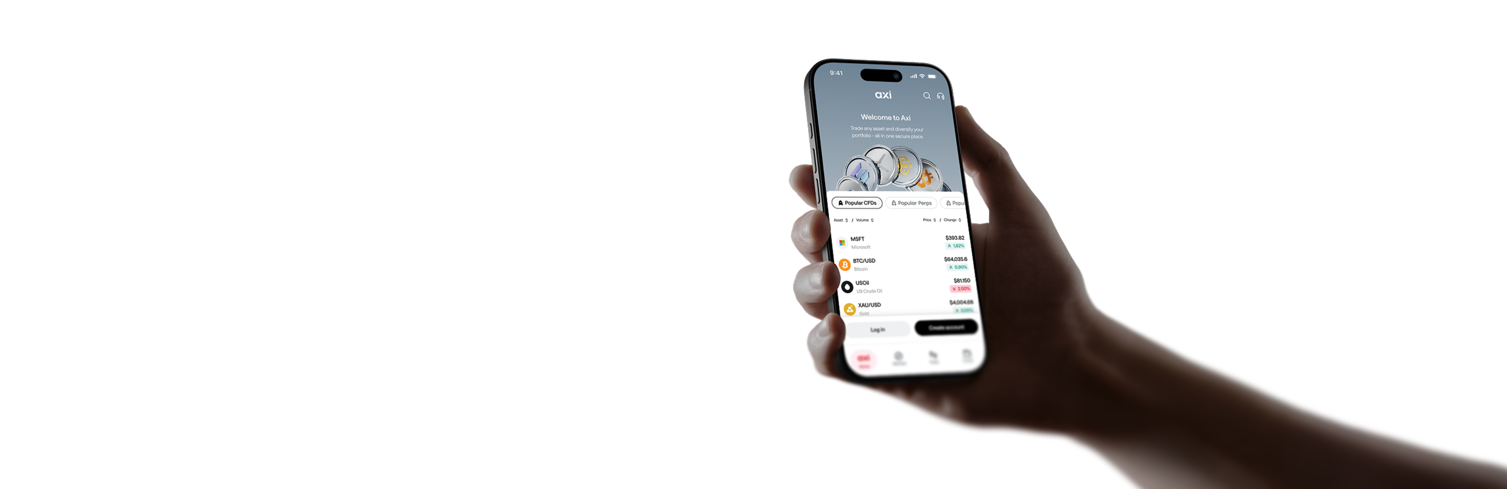 Hand holding a phone showing the Axi app welcome screen