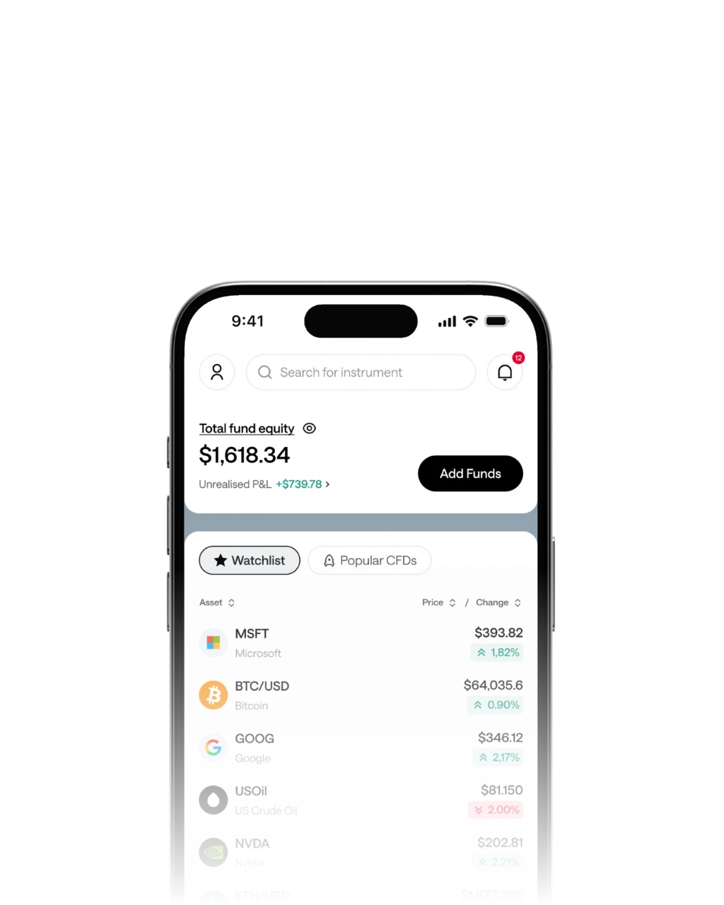 Axi trading app screenshot showing CFD watchlist