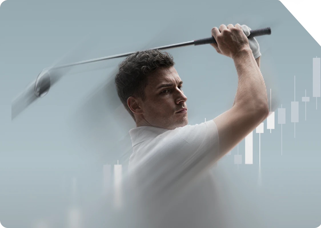 golfer swinging a club with trading chart graphics