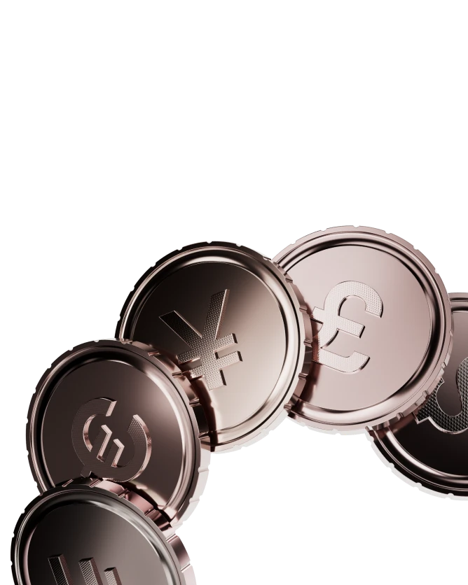 Three coins engraved with dollar, yen and pound currency symbols