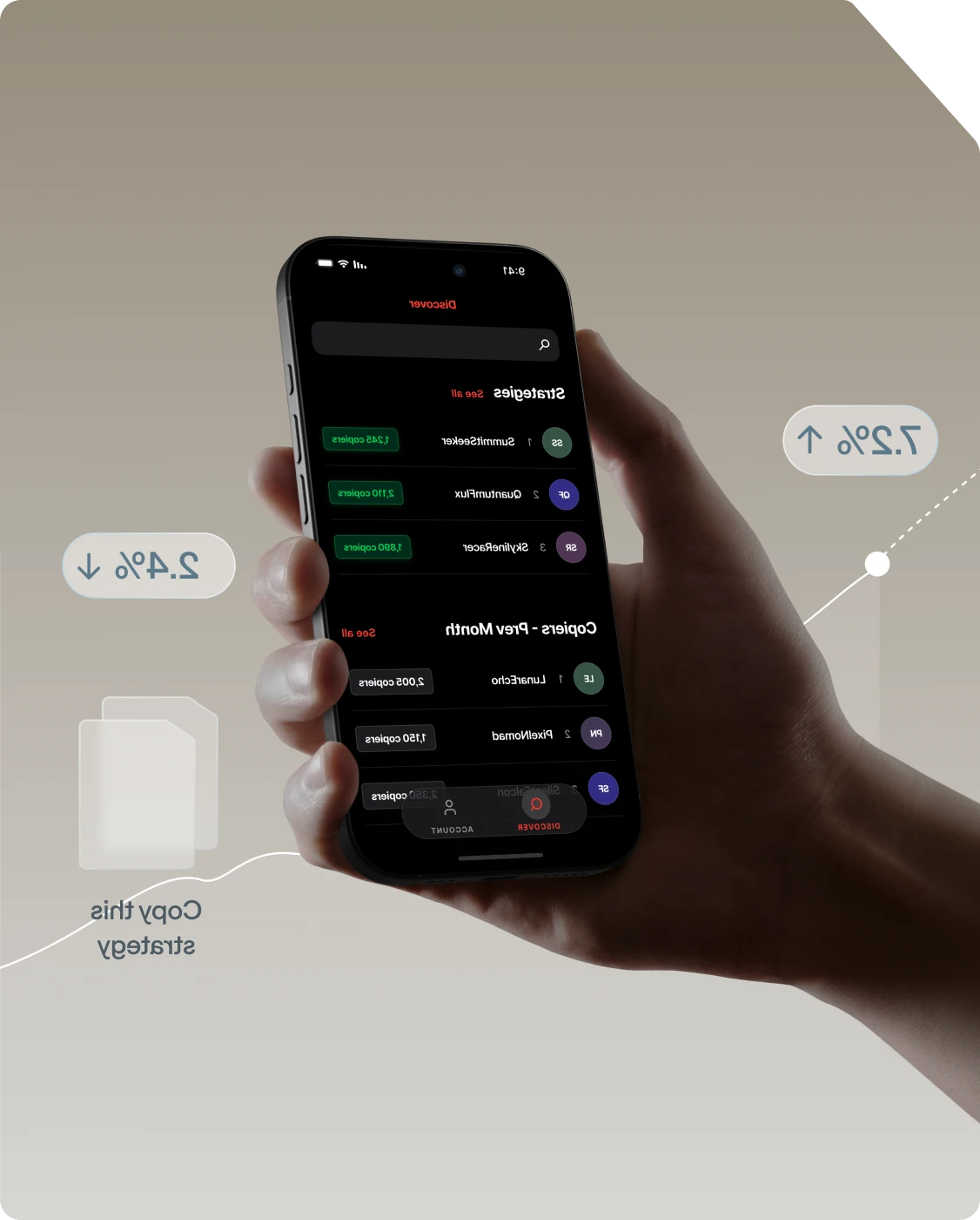 Hand holding a phone showing the Axi Copy Trading app