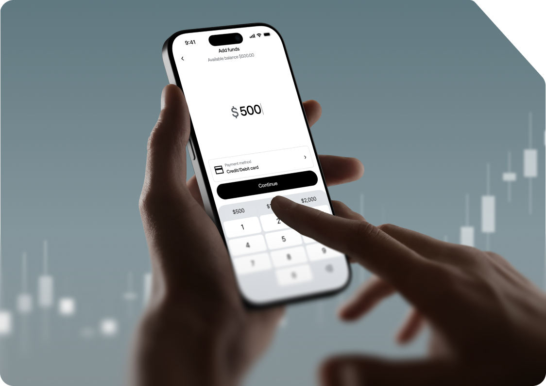 a phone showing a payment method selection screen with Visa card, credit/debit card, crypto and money transfer options