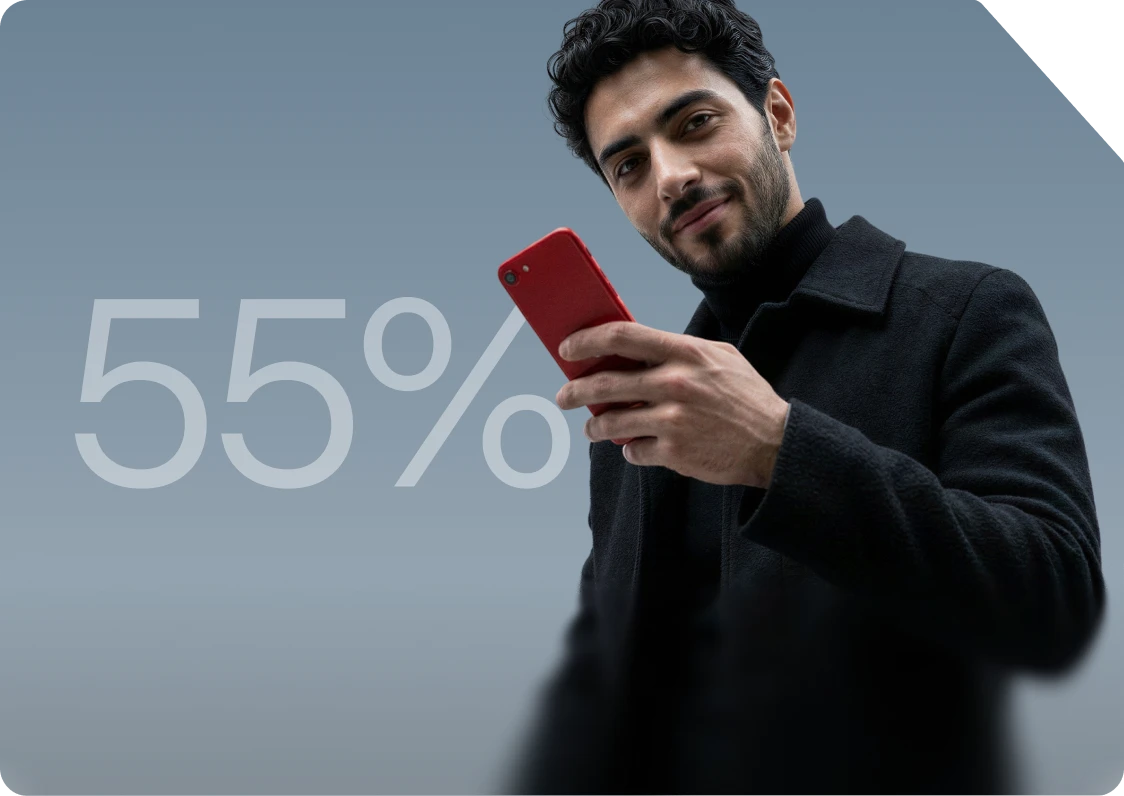 Man checking his phone beside a 55% commission graphic