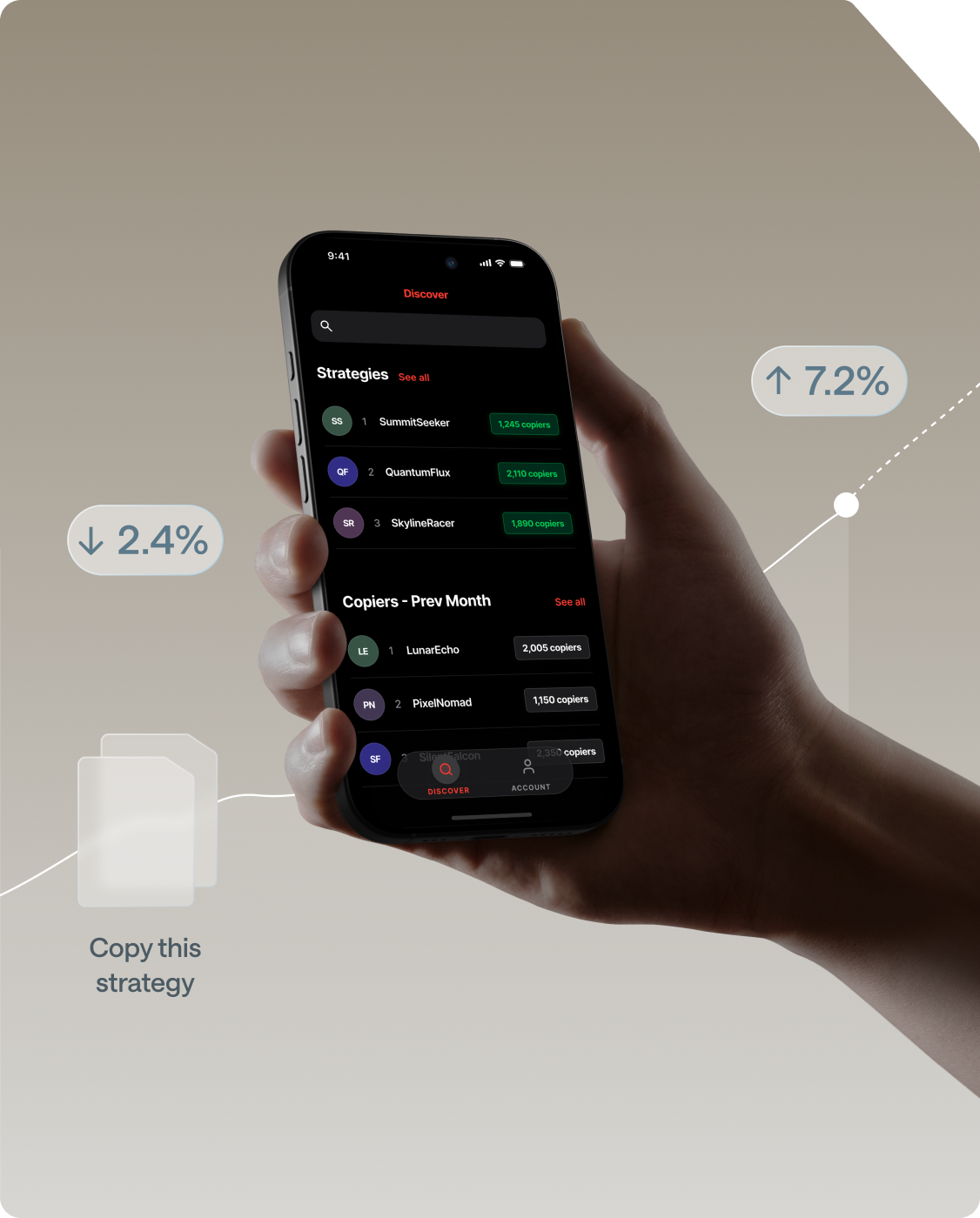 Hand holding a phone showing the Axi Copy Trading app