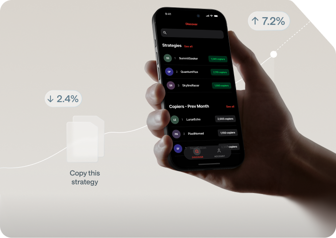 Hand holding a phone showing the Axi Copy Trading app