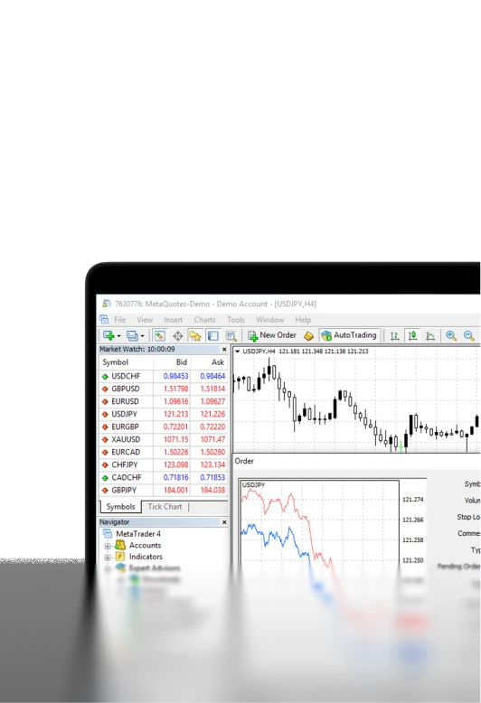 MetaTrader 4 demo trading platform on laptop showing a USD/JPY H1 candlestick chart