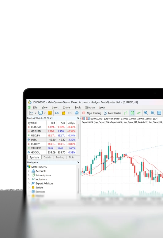 MetaTrader 5 demo trading platform on laptop showing a EURUSD H1 candlestick chart