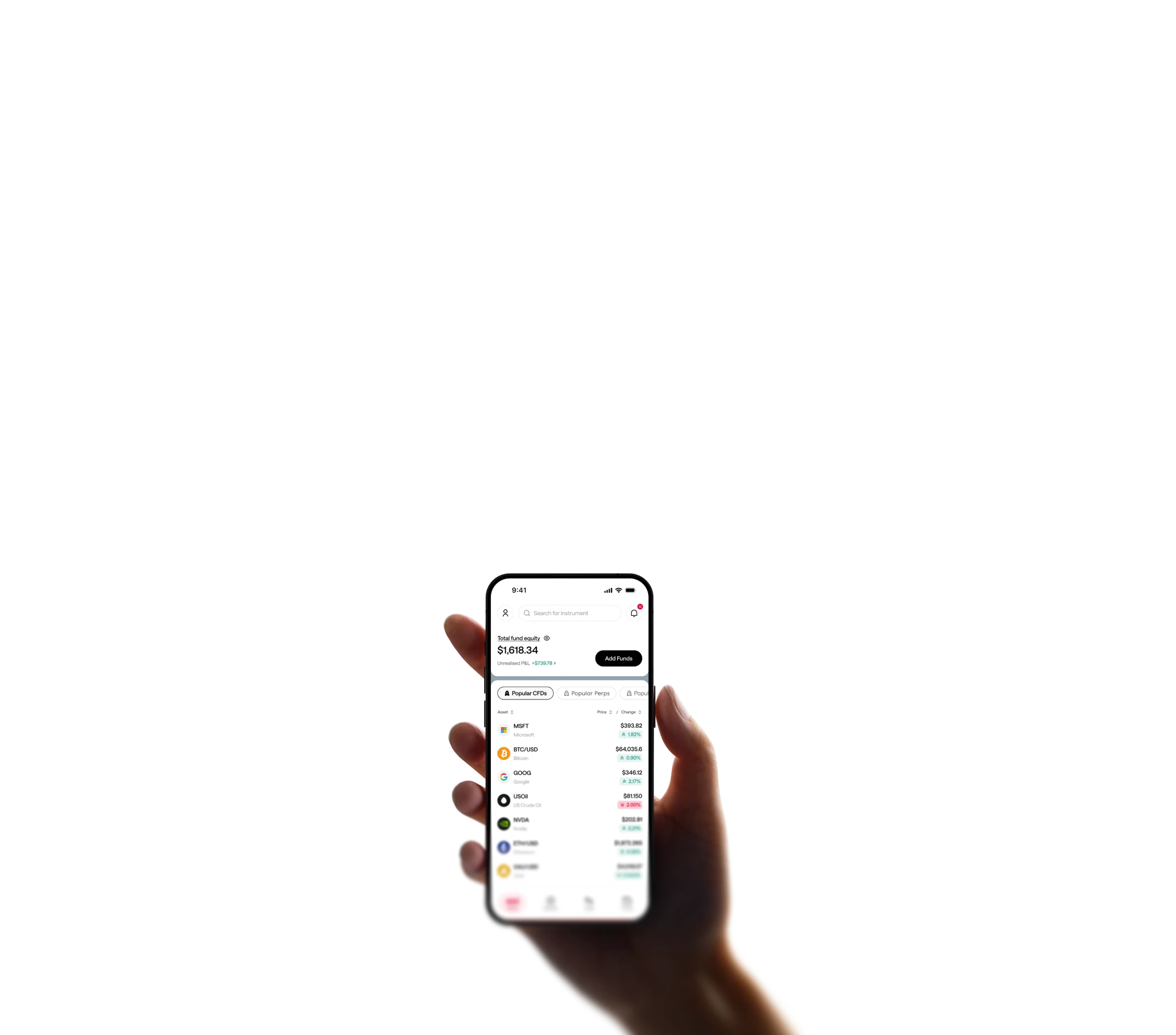 Trade CFDs across global markets hand with phone app