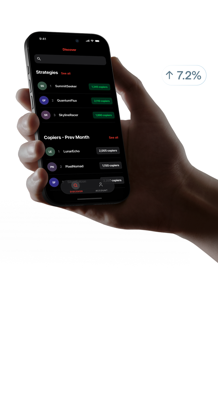 Hand holding a phone showing the Axi Copy Trading app