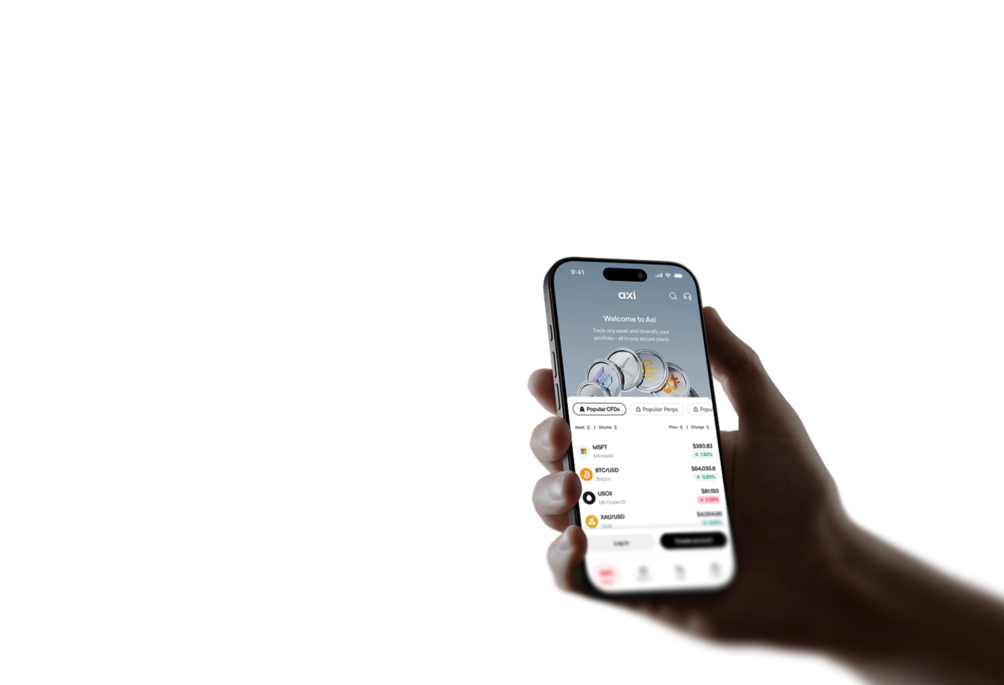 Hand holding a phone showing the Axi app welcome screen