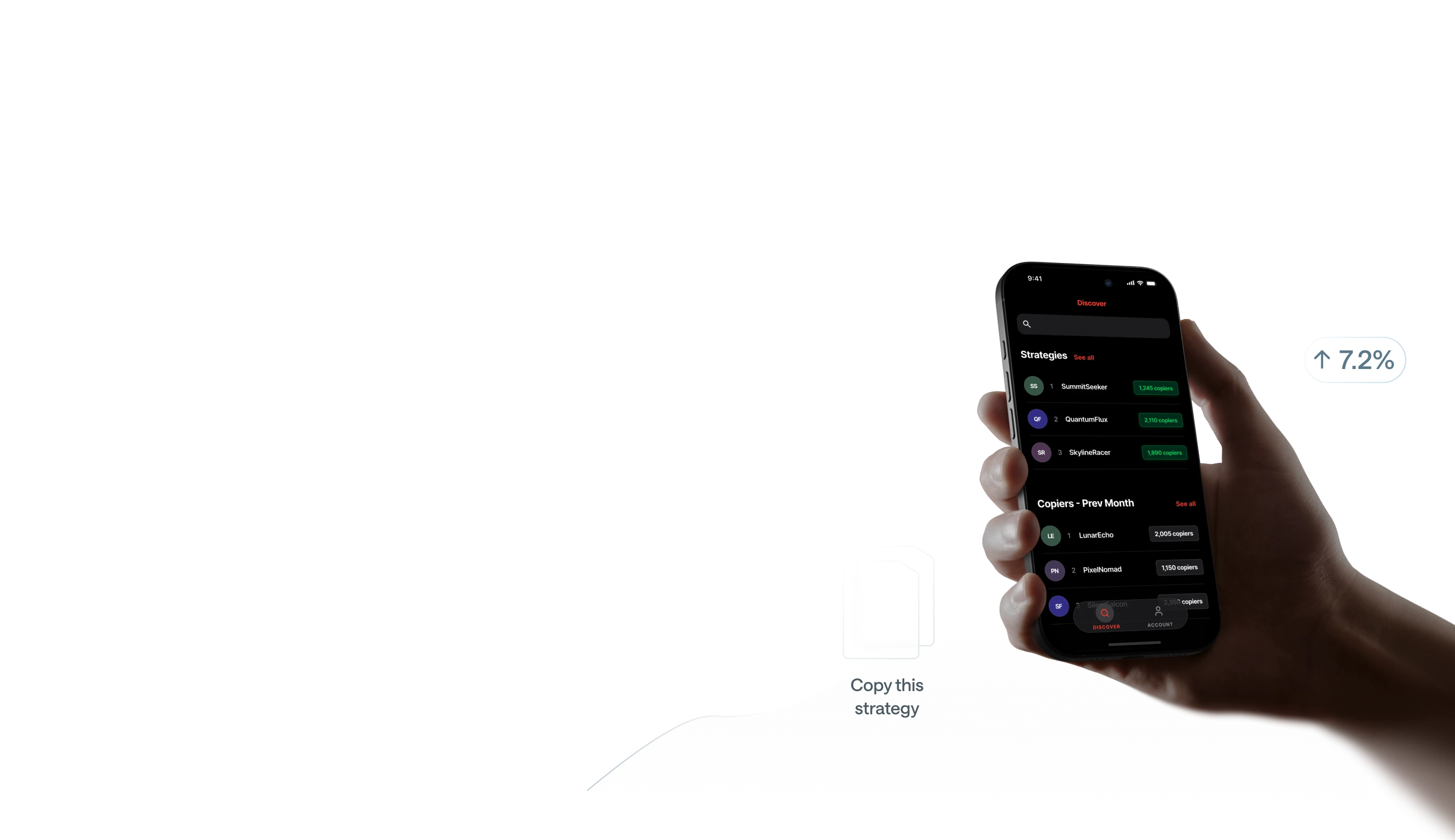 Hand holding a phone showing the Axi Copy Trading app