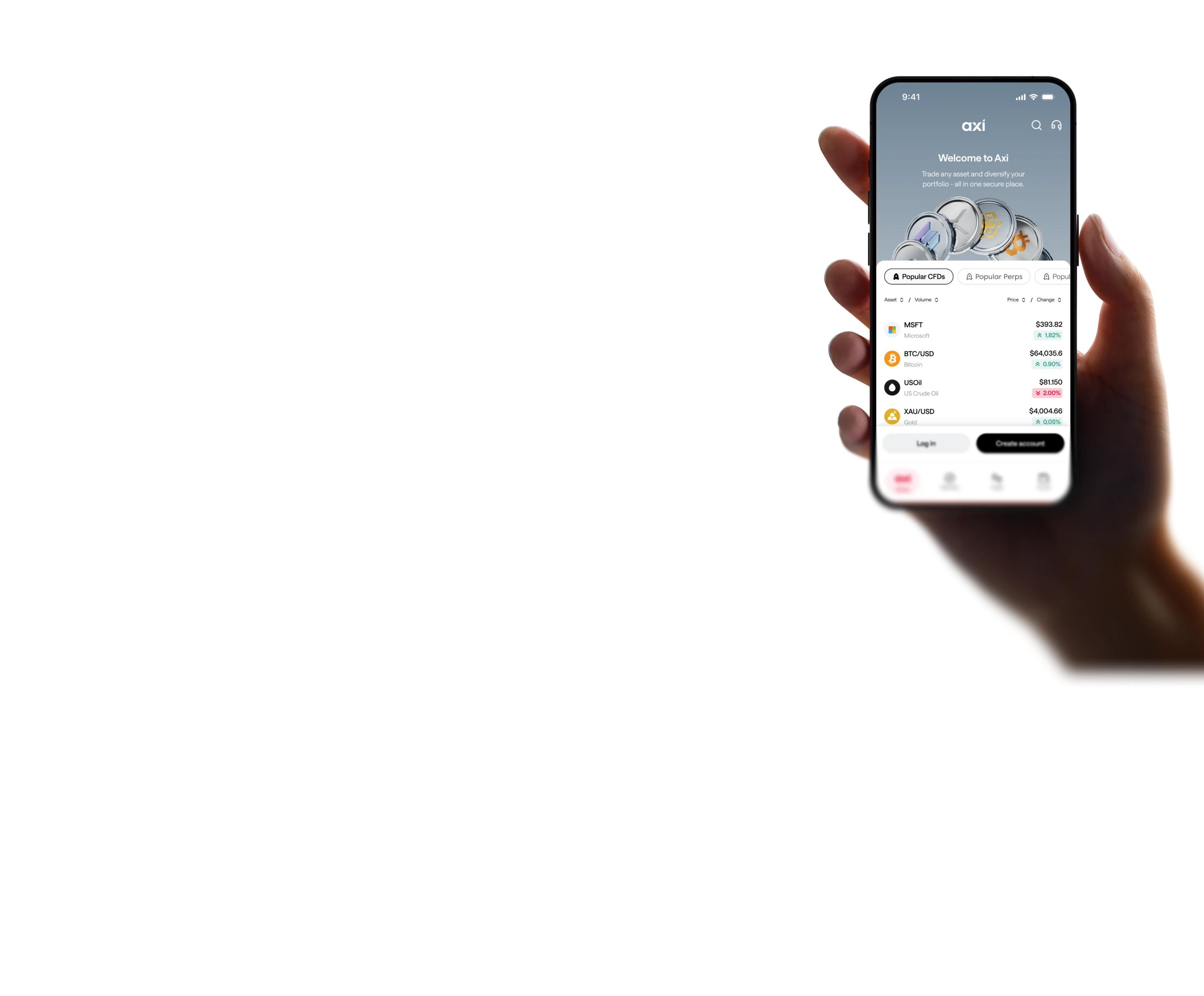 Hand holding a smartphone showing the Axi app welcome screen and a CFD watchlist with live prices for gold, the S&P 500, Nasdaq and EUR/USD