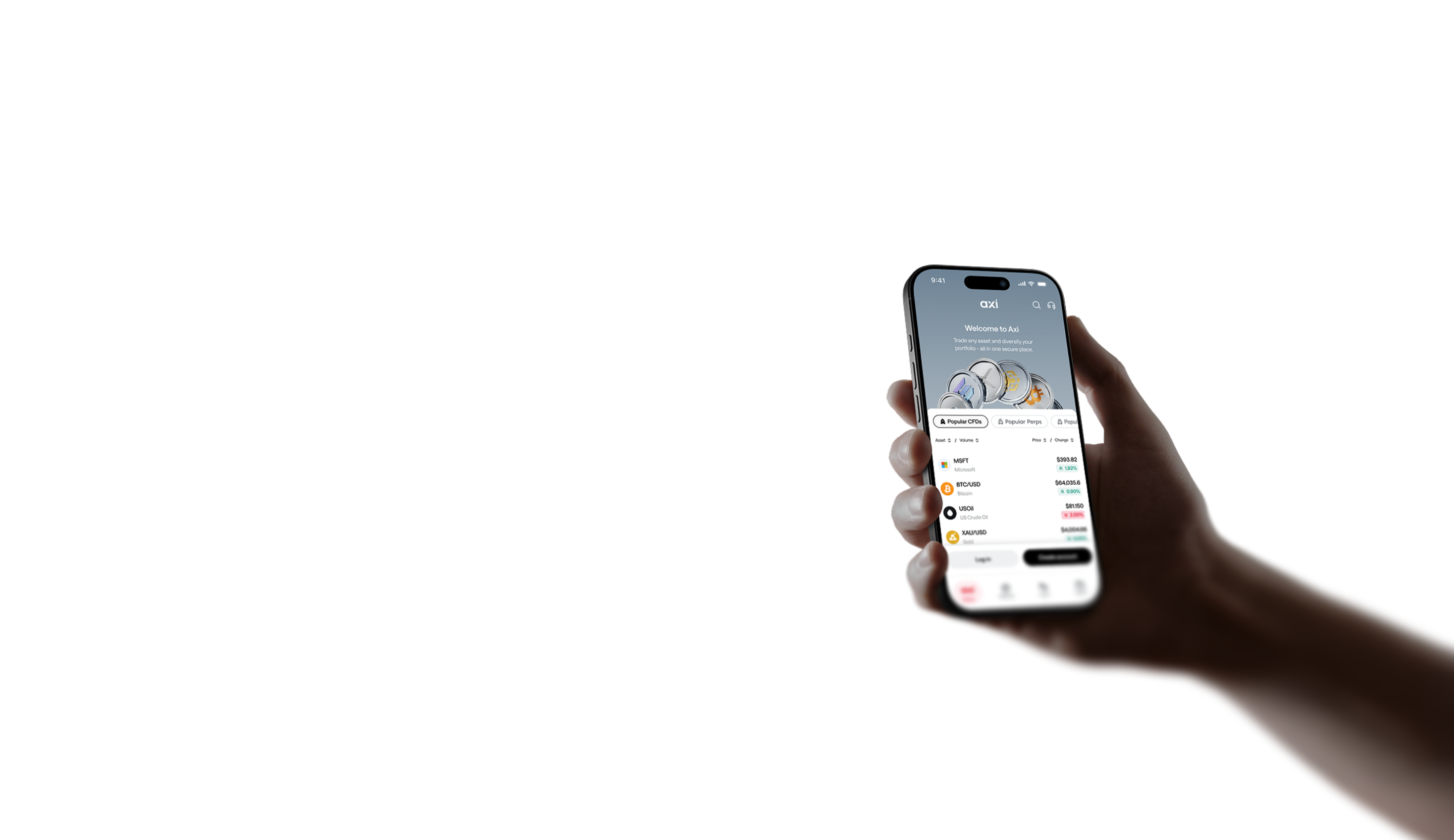 Hand holding a phone showing the Axi app welcome screen