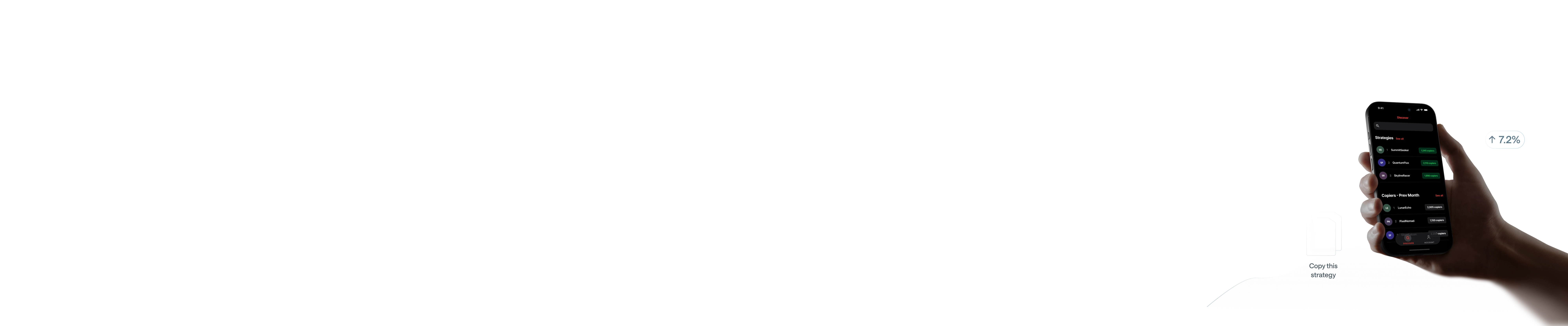 Hand holding a phone showing the Axi Copy Trading app
