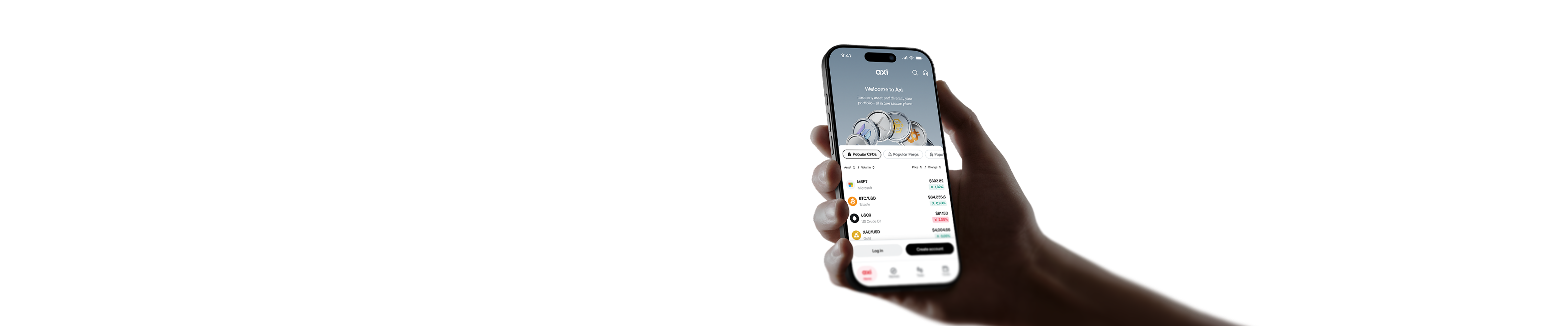 Hand holding a phone showing the Axi app welcome screen