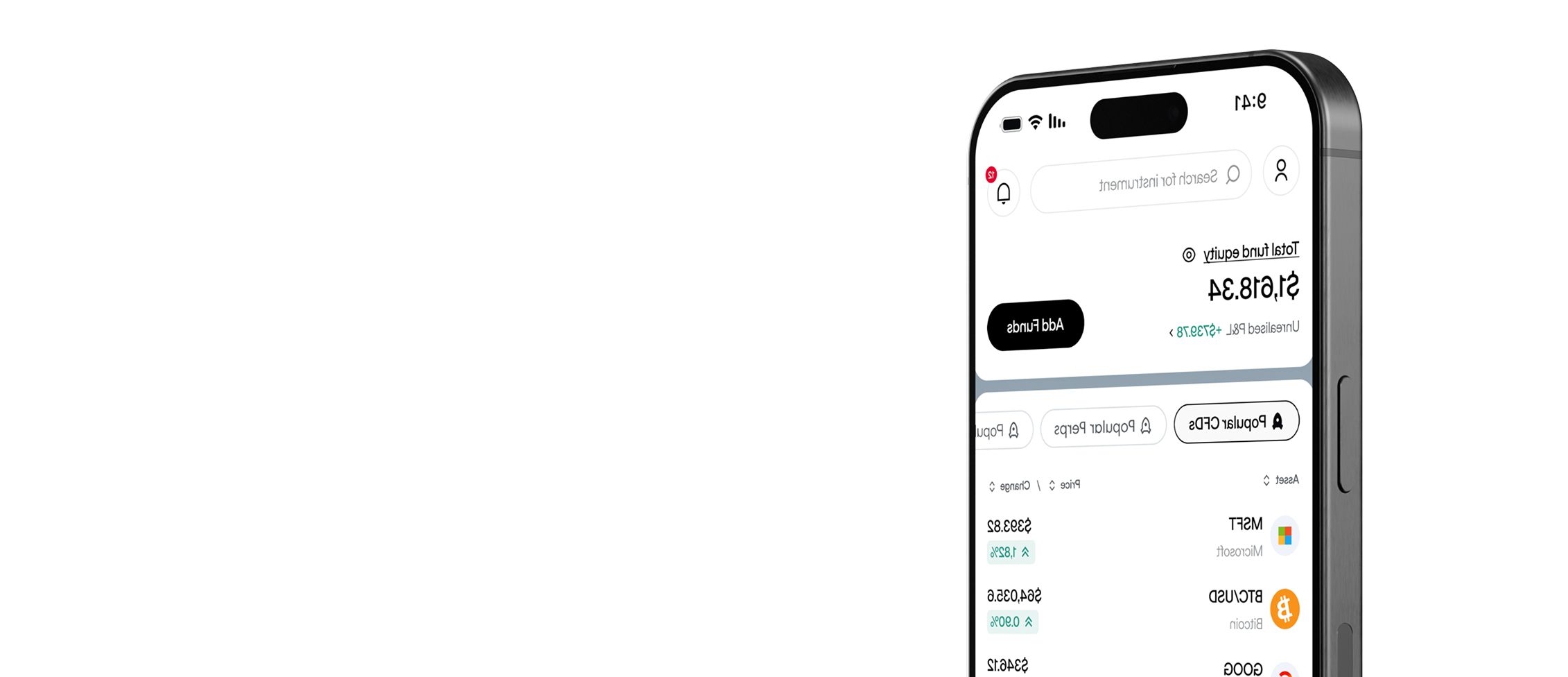 phone screen showing total fund equity, unrealised profit and loss, top CFDs