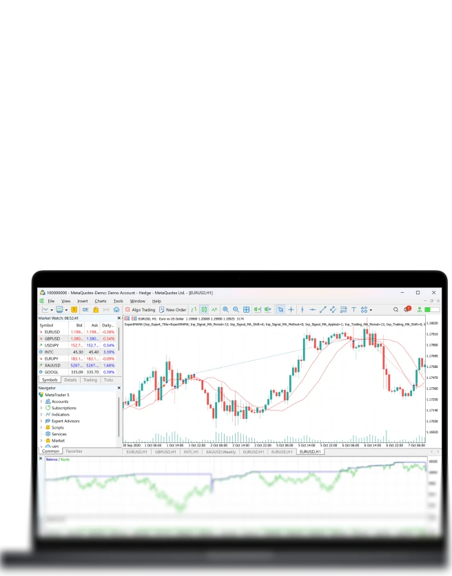 MetaTrader 4 demo trading platform on laptop showing a USD/JPY H1 candlestick chart