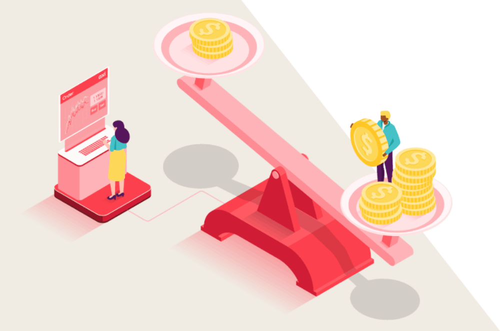 Leverage scale with gold coins