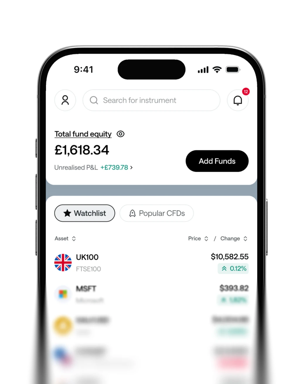Axi trading app screenshot showing live CFD prices, account balance, profit and loss