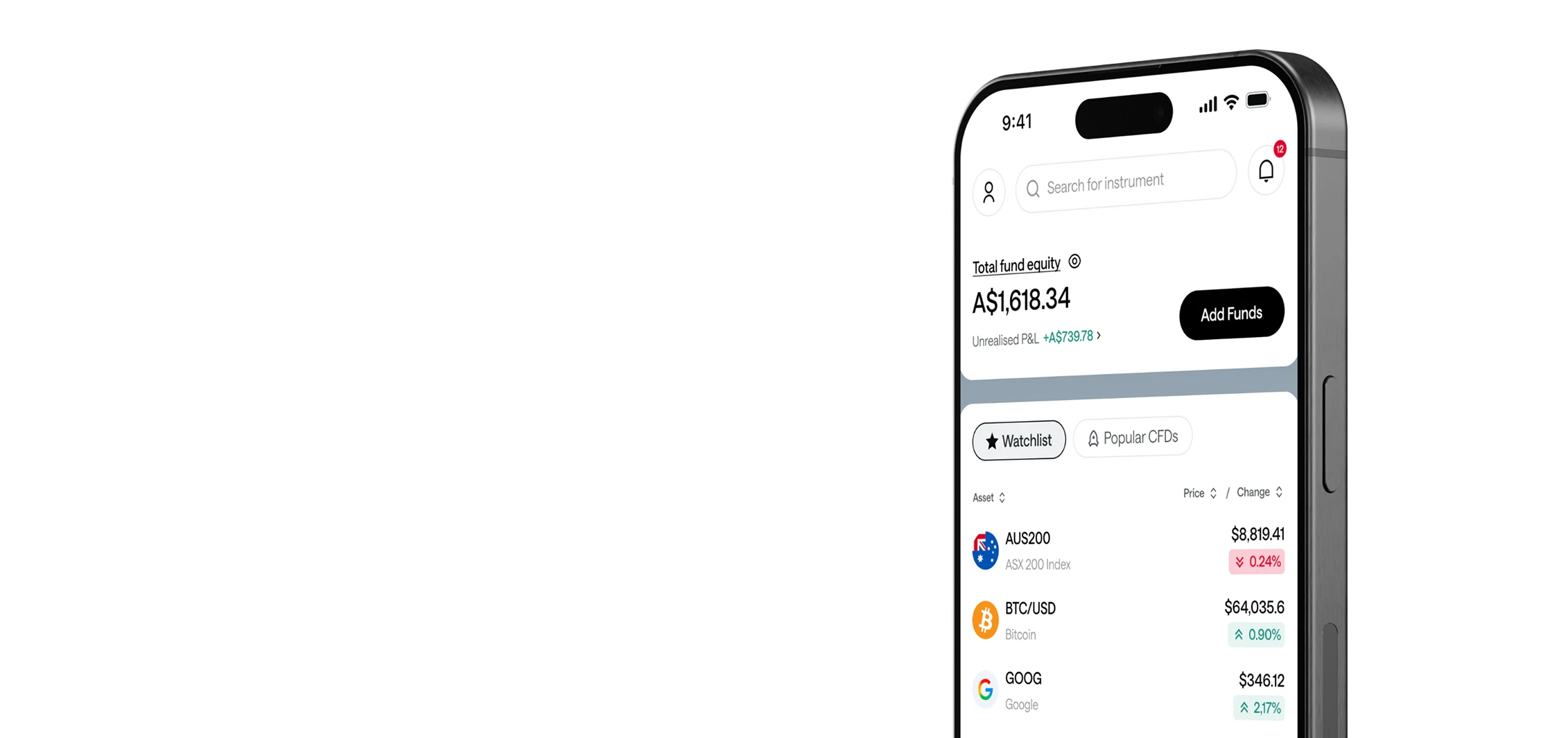 Angled view of a phone showing total fund balance, unrealised profit and loss, an account verification prompt, and a Top CFDs watchlist